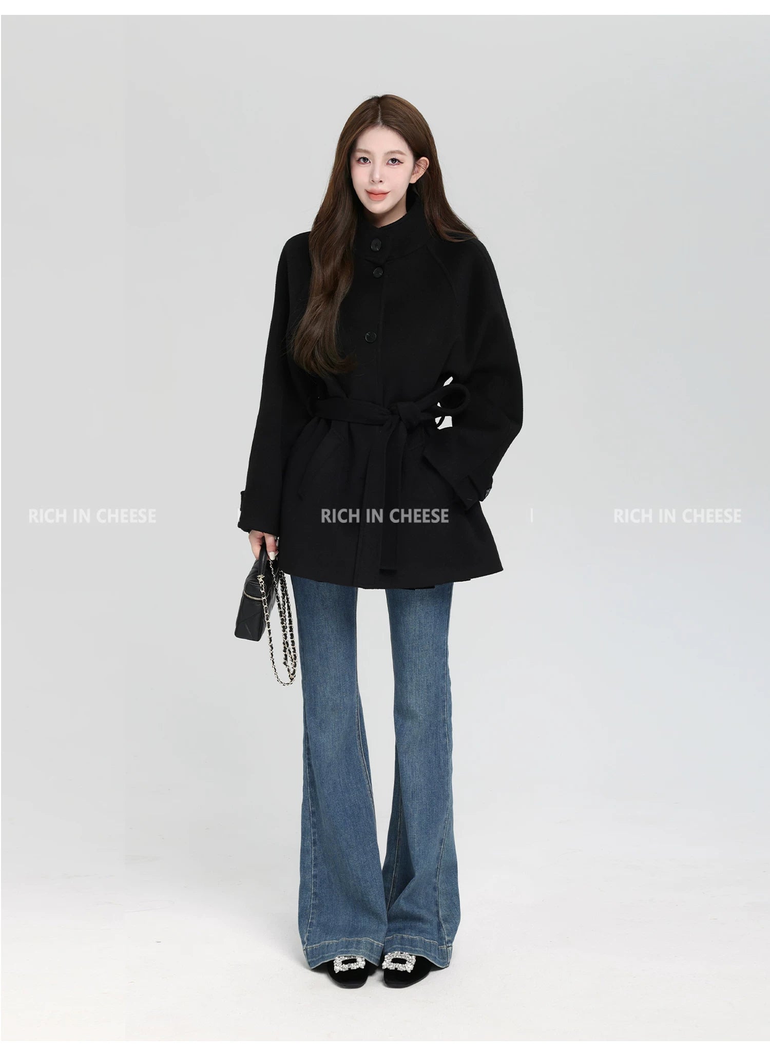 RICH IN CHEESE Short Stand-up Collar Waist Jacket