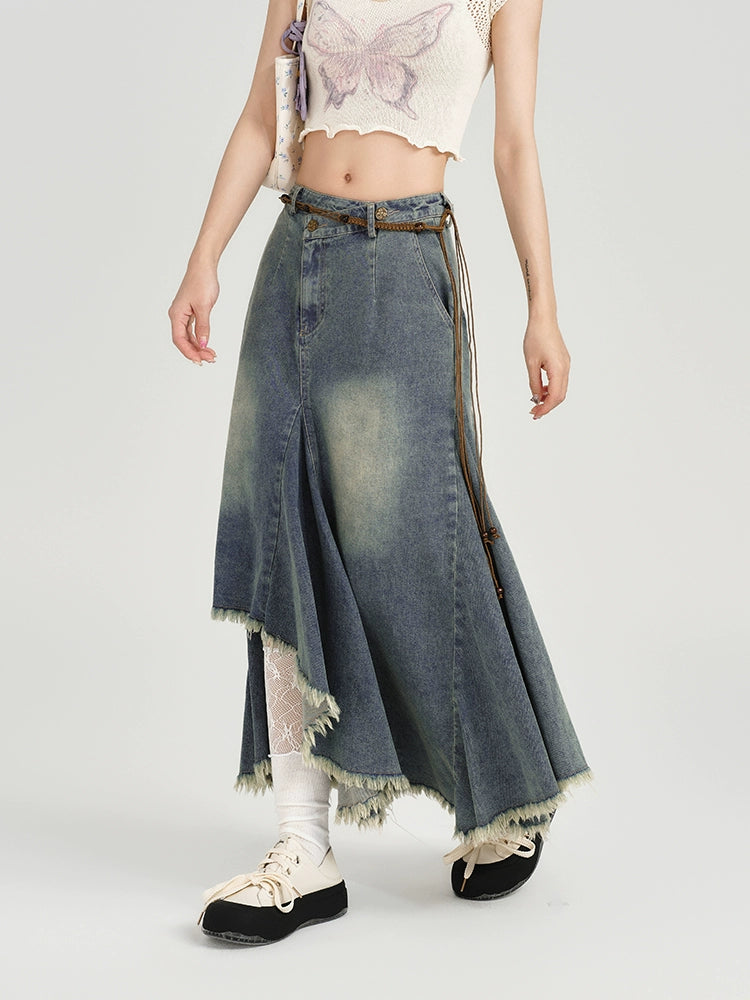 Girlyhalo Vintage High Waist Denim Skirt