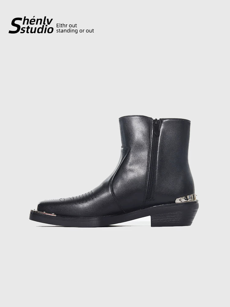 SHENLV STUDIO Square Head High-heeled Embroidered High-top Leather Shoes
