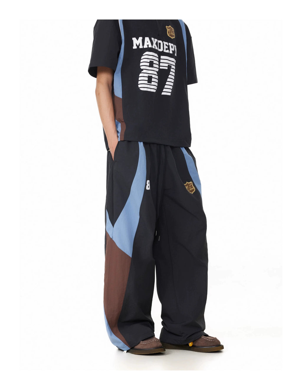 BTSG American retro badge contrasting color splicing elastic waist Pants