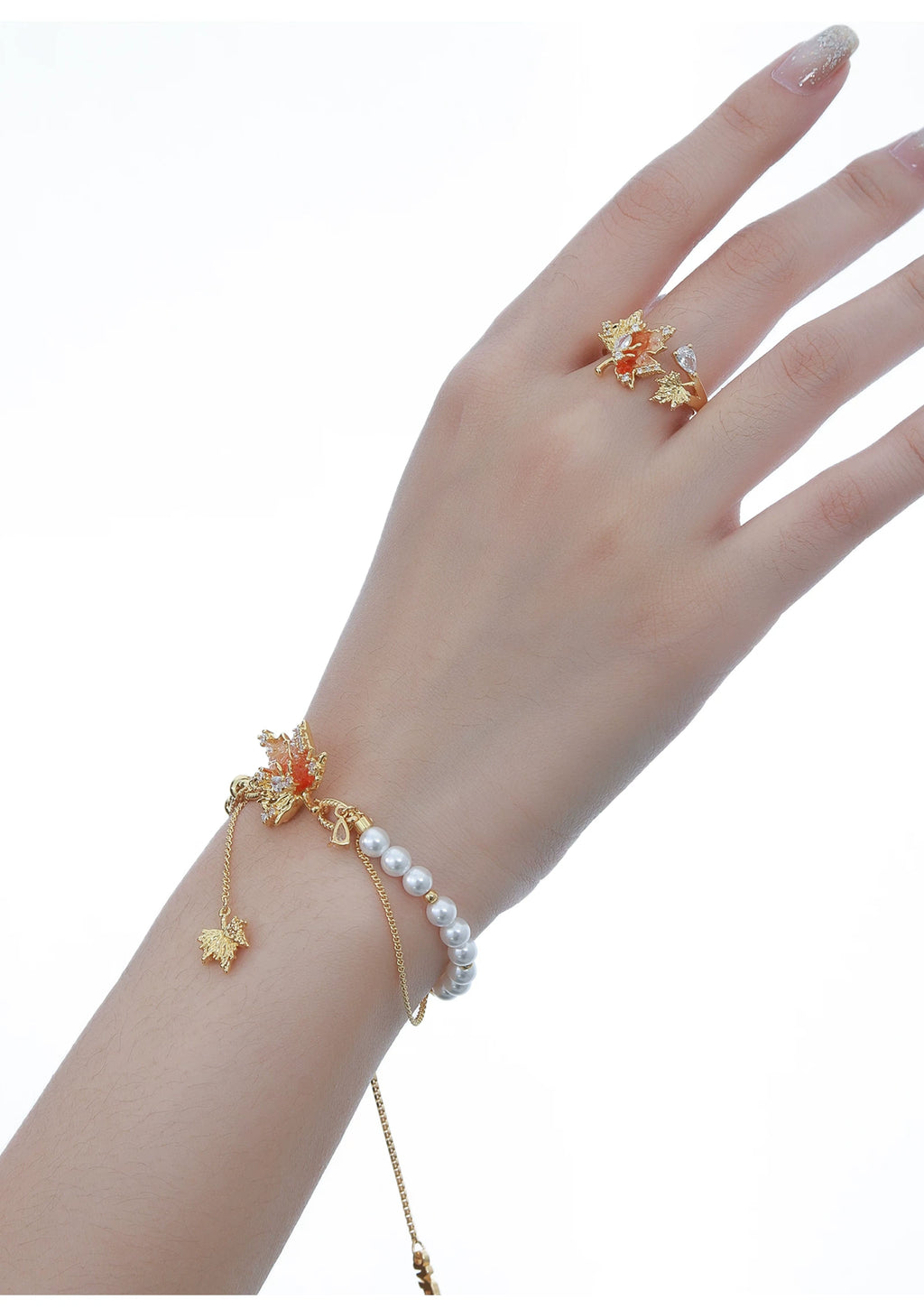 MASW Splicing Pearl Sunset Orange Maple Leaf Bracelet