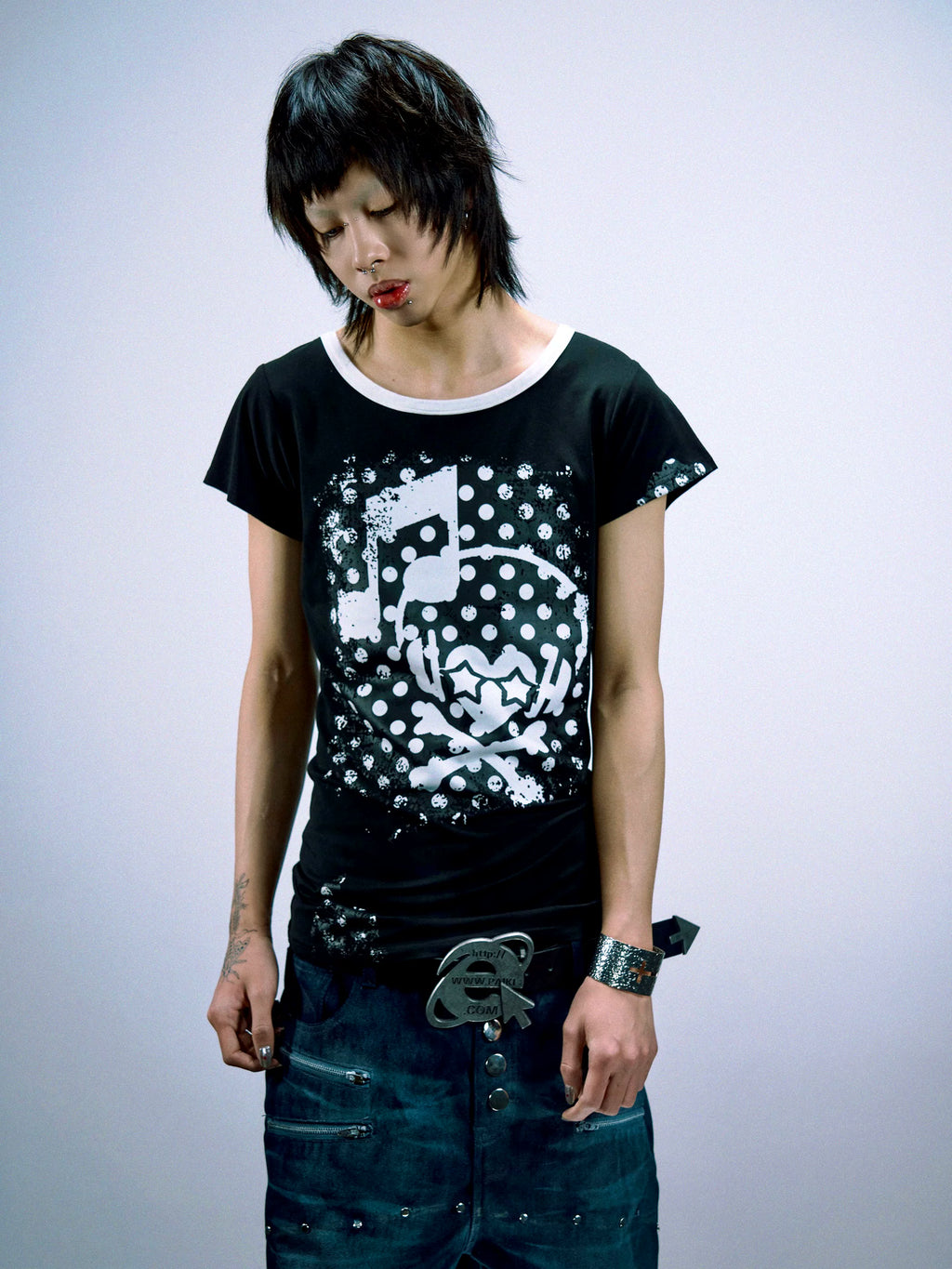 PAIKI Headphones Skull Polka Dot Round Neck Front Shoulder Slim Tee