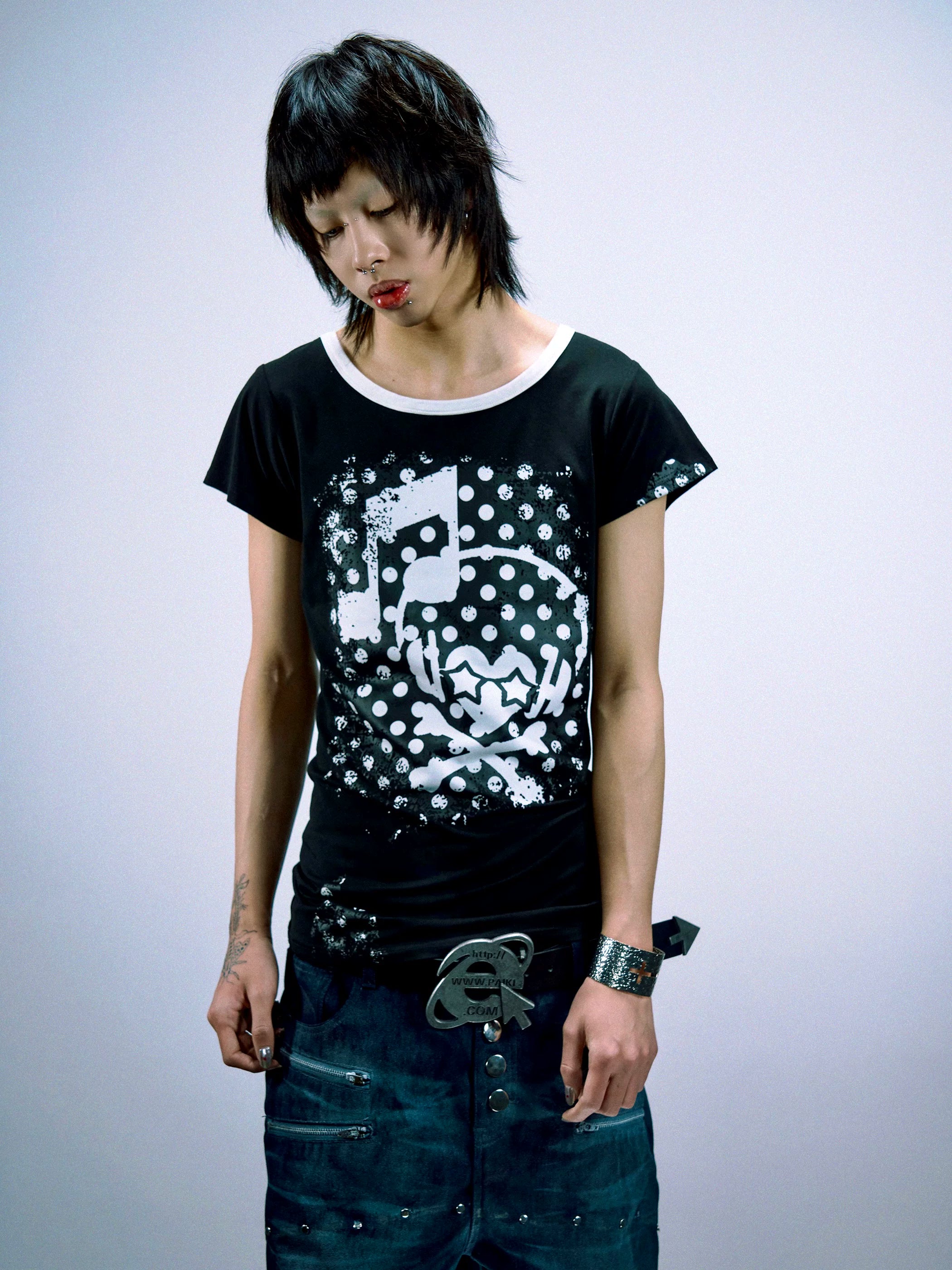 PAIKI Headphones Skull Polka Dot Round Neck Front Shoulder Slim Tee