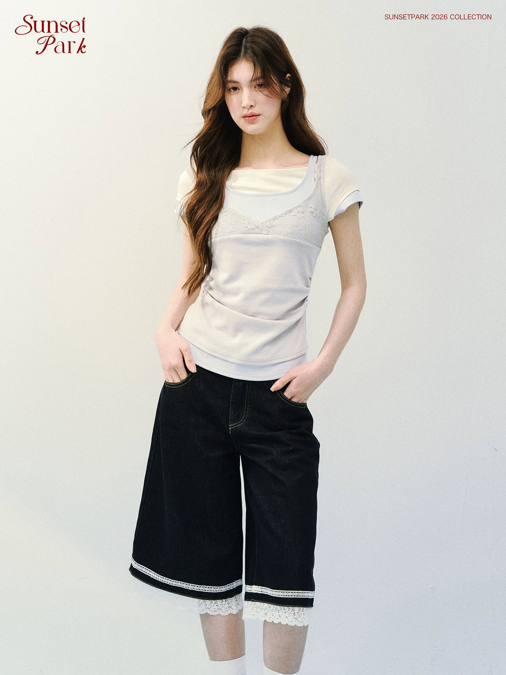 SunsetPark Fake Three Piece Lace Sling Vest Knitted Tee