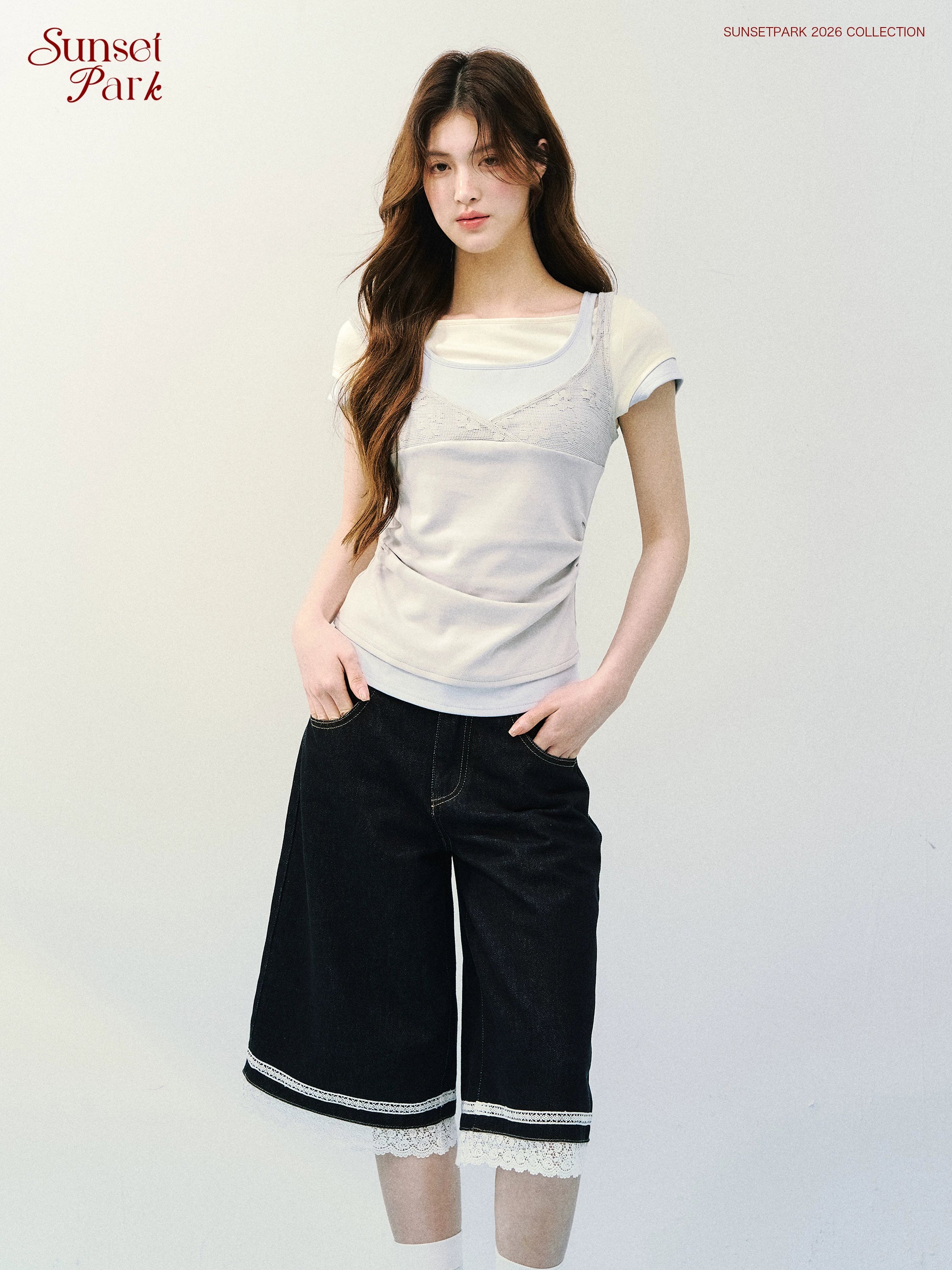 SunsetPark Fake Three Piece Lace Sling Vest Knitted Tee