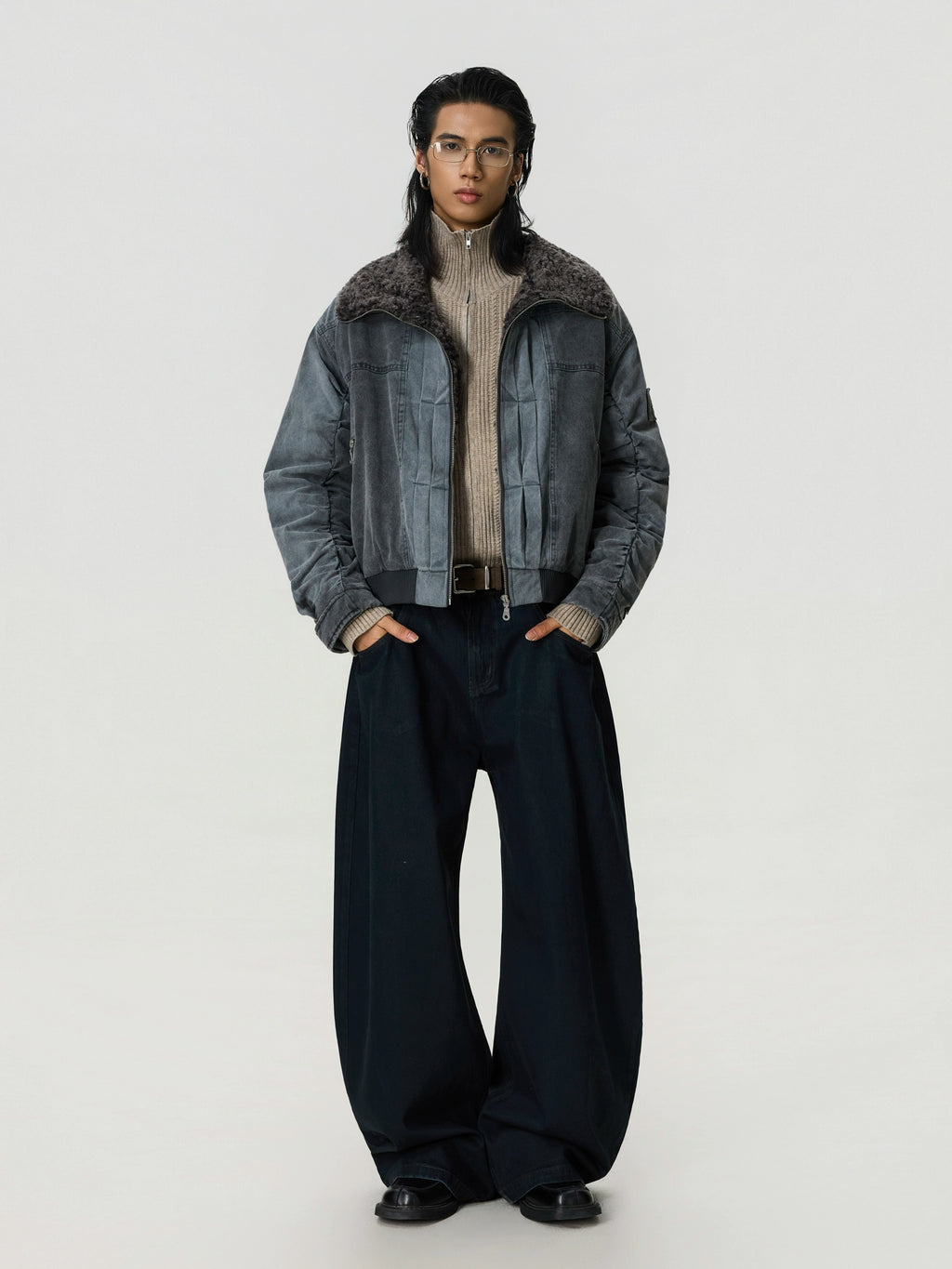 BTSG Lamb Wool Make Old Stand-up Collar Tooling Jacket