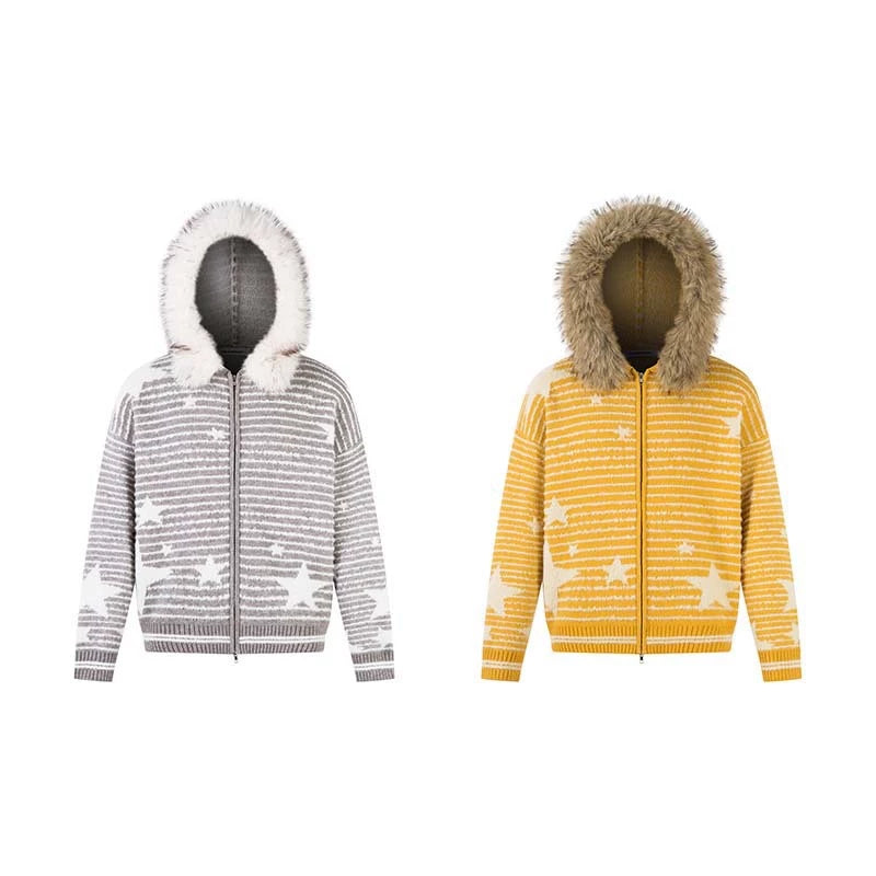 Saimt Retrostripes Fur Collar Hooded Knittingoutwear