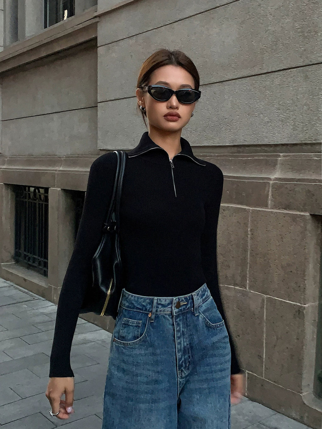 OUSPH Slim-fit Polo Neck Zipper Long-sleeved Knitted Sweater