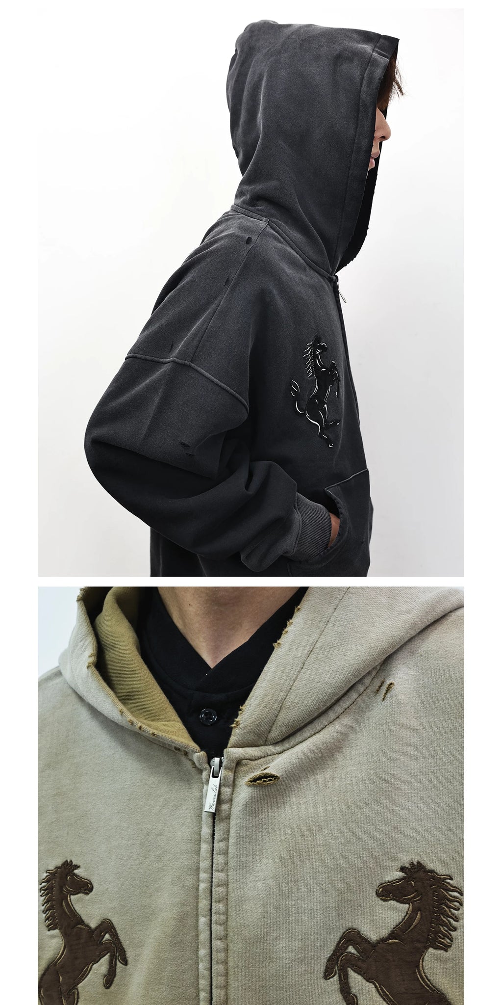 WANNA LAB Cloth-embroidered Zip-up Hooded Sweater