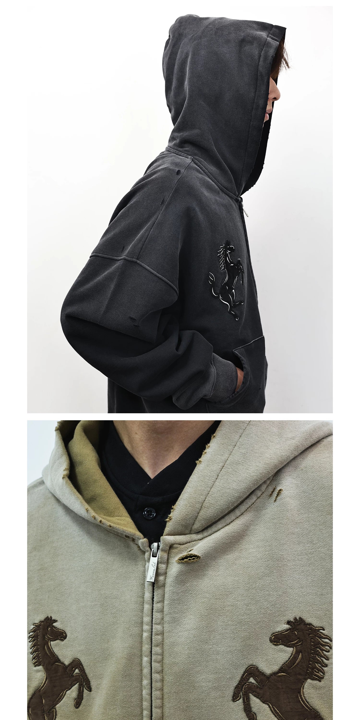 WANNA LAB Cloth-embroidered Zip-up Hooded Sweater