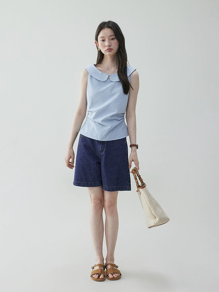 VOOE Contrasting Plaid Side Fold Doll Collar Shirt