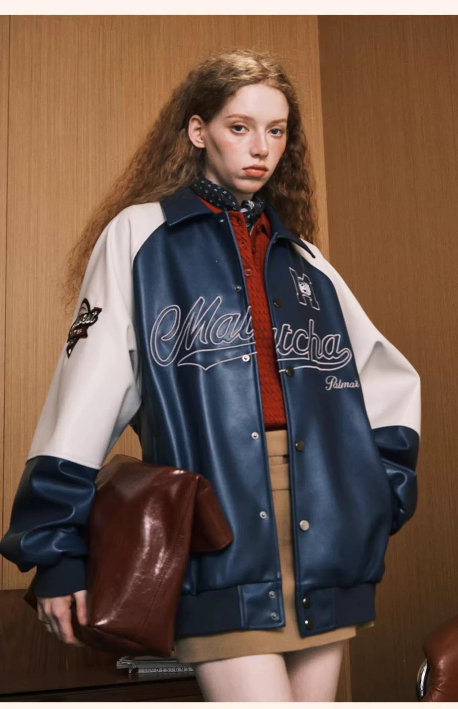 MATCHA STORY Contrast Color Splicing Retro Embroidered Lapel Leather Jacket