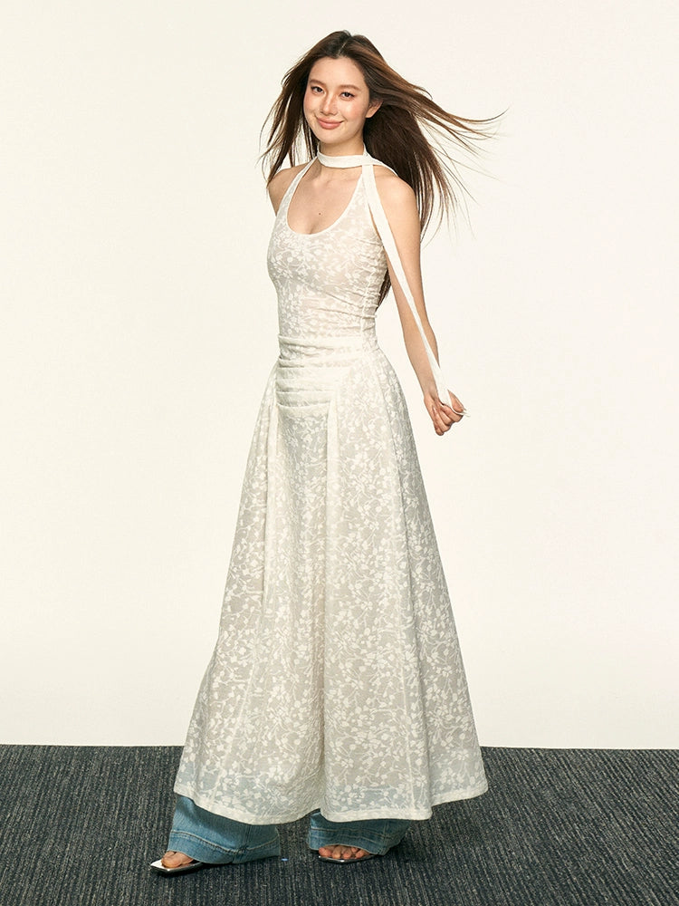 Aaisup Lace Jacquard Waist Thin Floral Skirt
