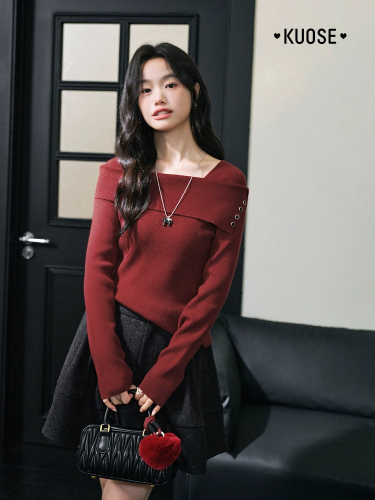 Kuose One-word Shoulder Thin Long-sleeved Knitted Sweater