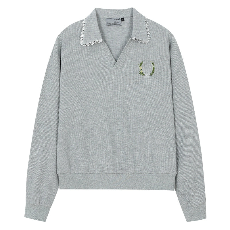 Harshandcruel Korean navy blue waffle V-neck college style lace edge loose seagull neck polo shirt