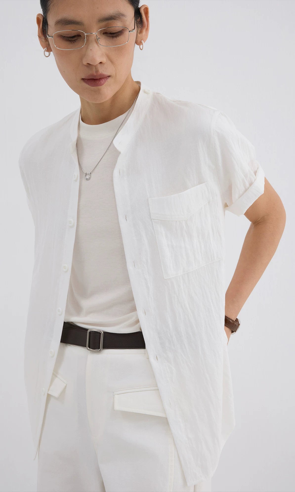 Sameuoo Detachable Collar Casual Short-sleeved Shirt
