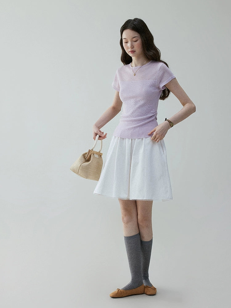 VOOE Mesh Splicing Semi-transparent Crew Neck Knitted Tee