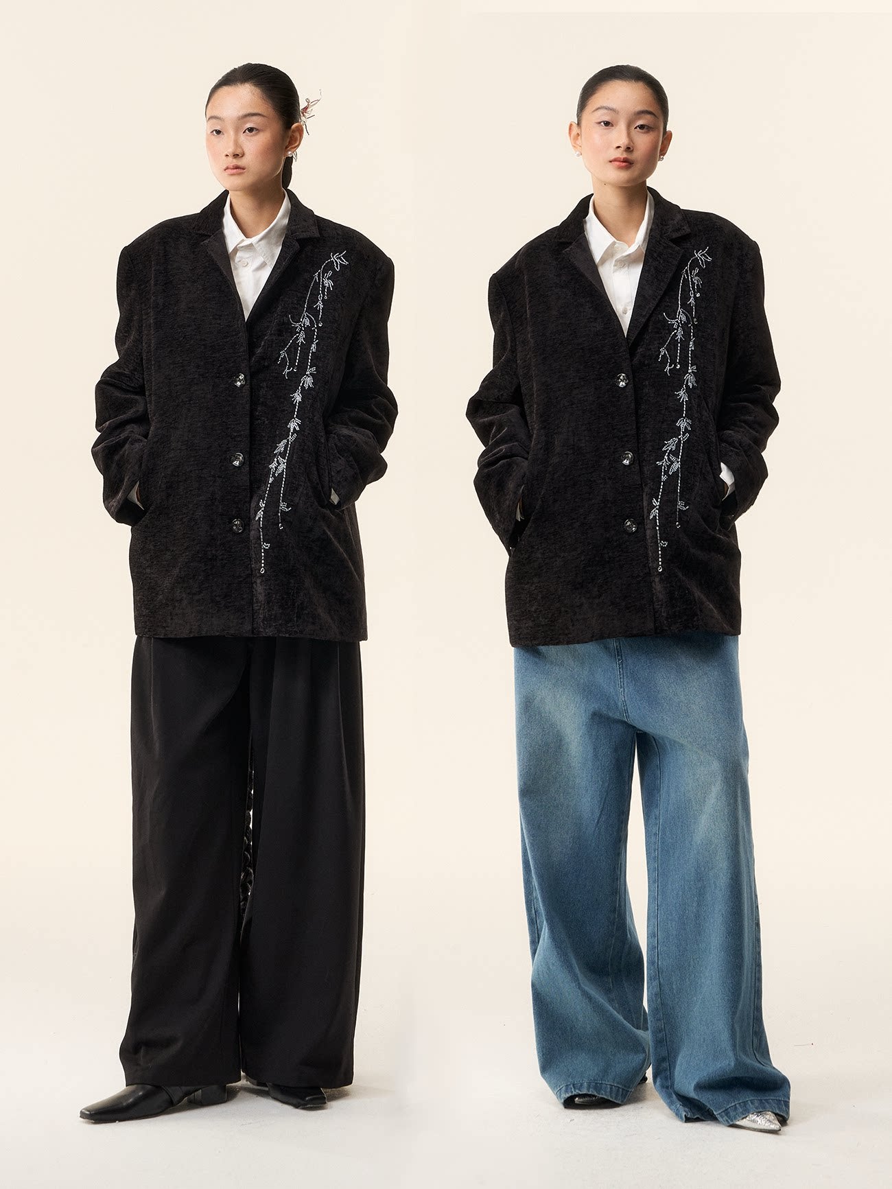 LOUMUTAKU Floral Handmade Beaded Velvet Blazer