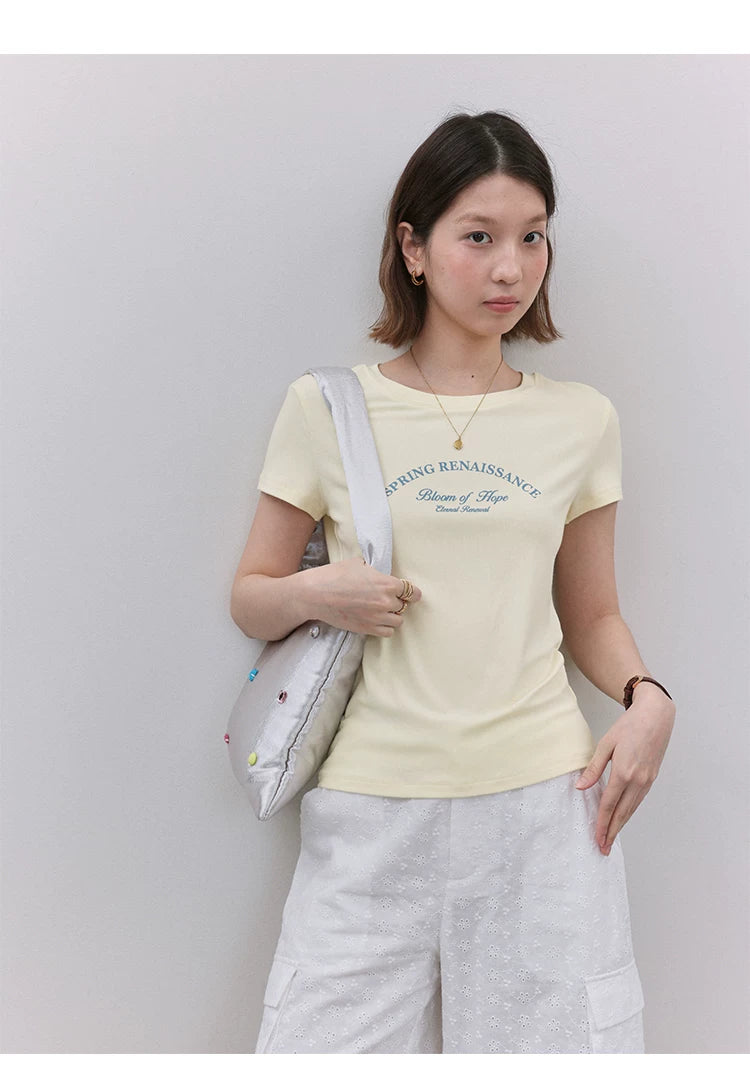 VOOE Letter Print Front Shoulder Crew Neck Versatile Tee
