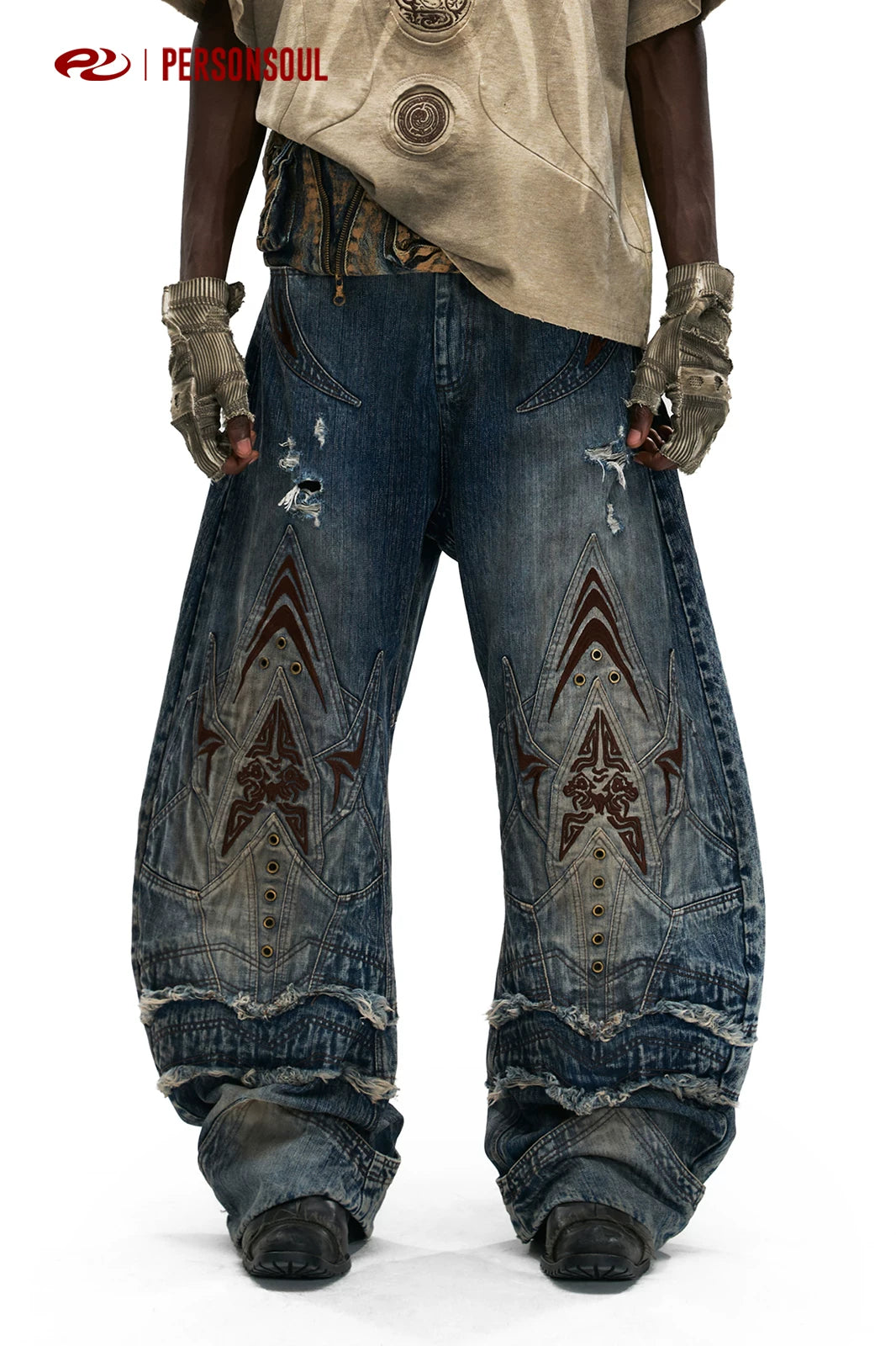 PERSONSOUL Vintage Totem Embroidered Jeans