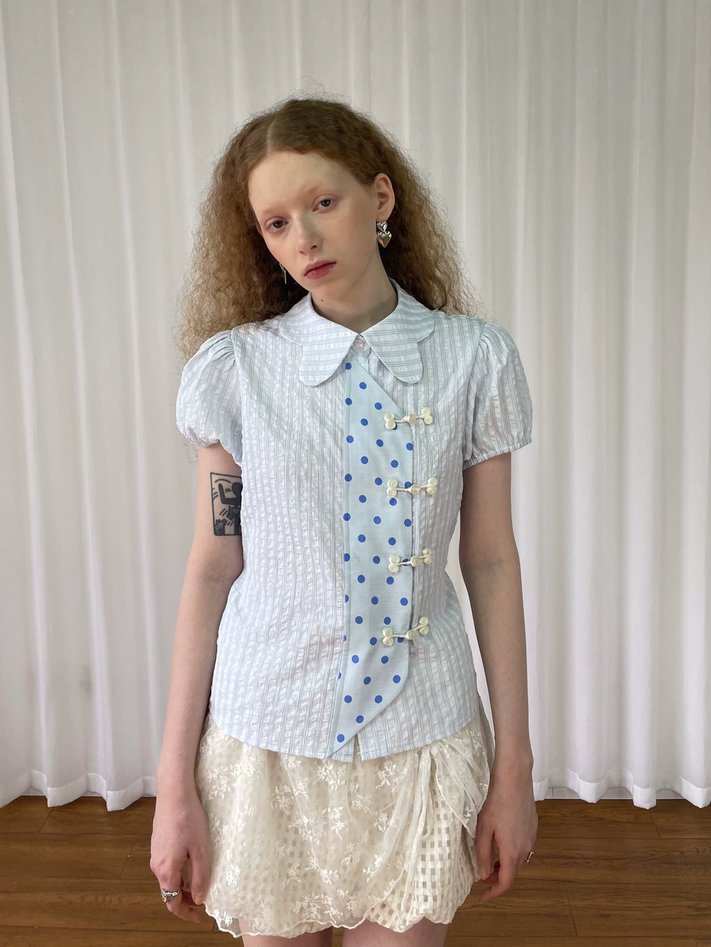 Loosesmell Checked Polka Dot Short Sleeve Shirt