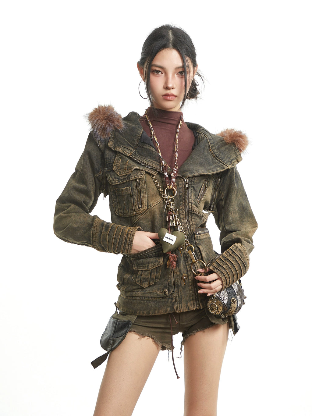 UNCMHISEX Vintage Fur Collar Tooling Denim Jacket