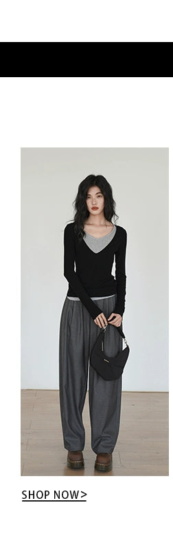 EM Splicing V-neck Fake Two Pieces Slim Temperament Long Sleeves