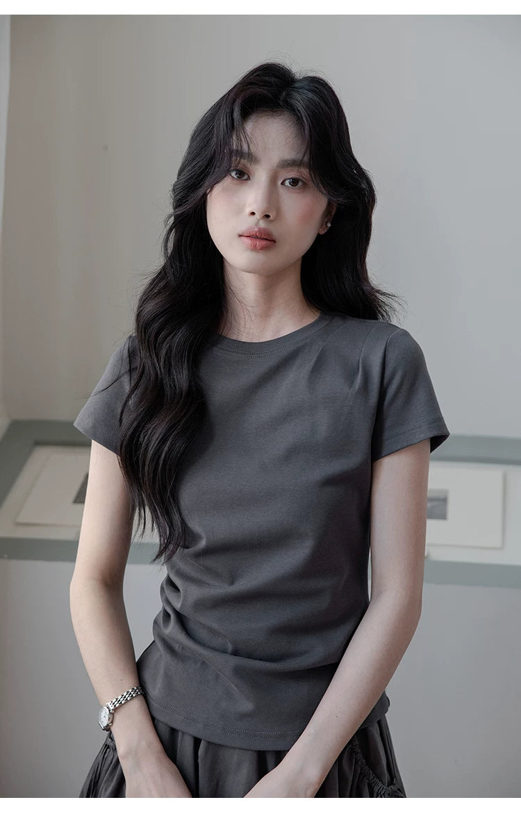 XUJING Pleated Front Shoulder Slim and Thin Tee
