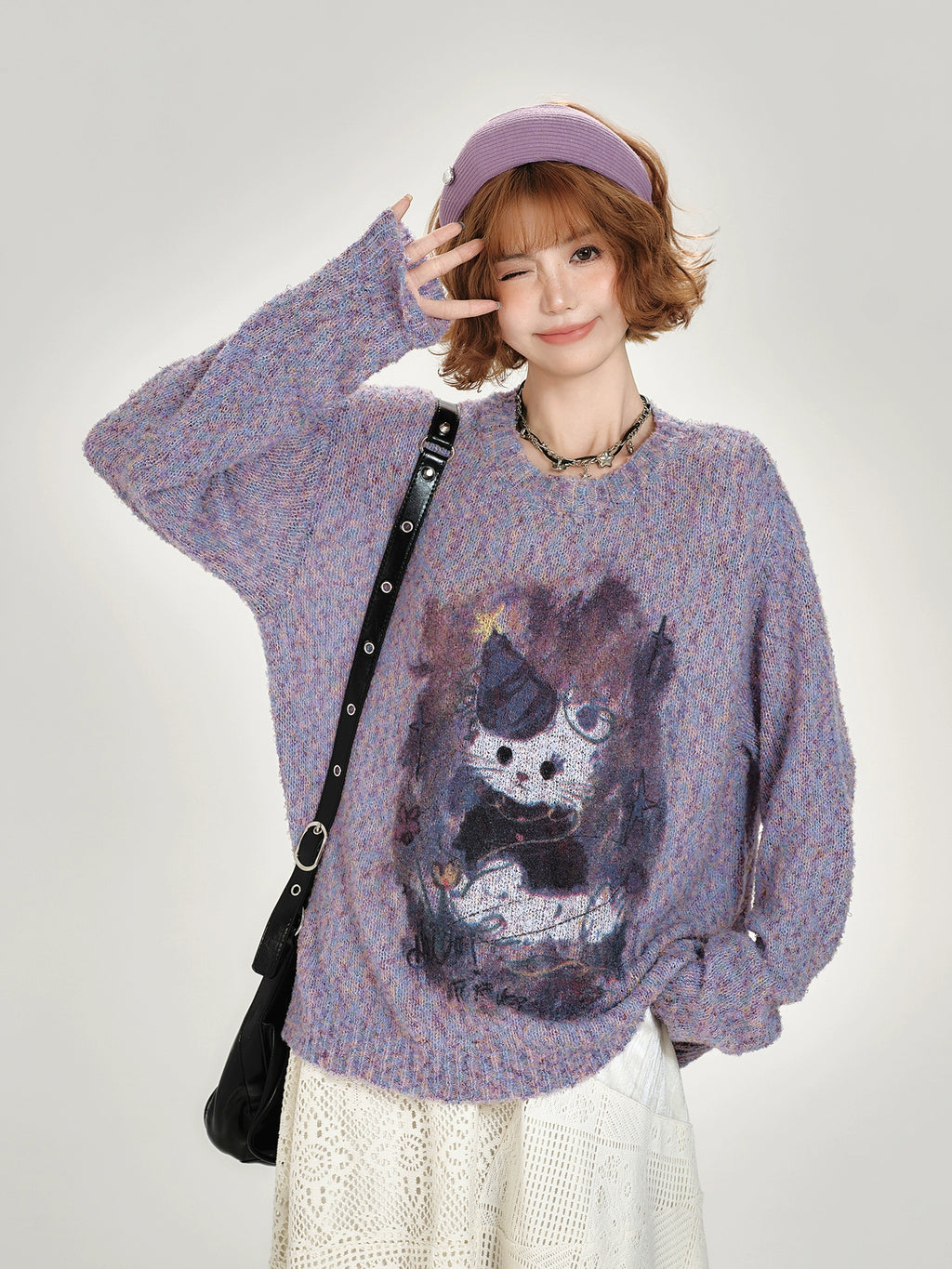 Girlyhalo Vintage Print Pullover Crew Neck Knitted Sweater