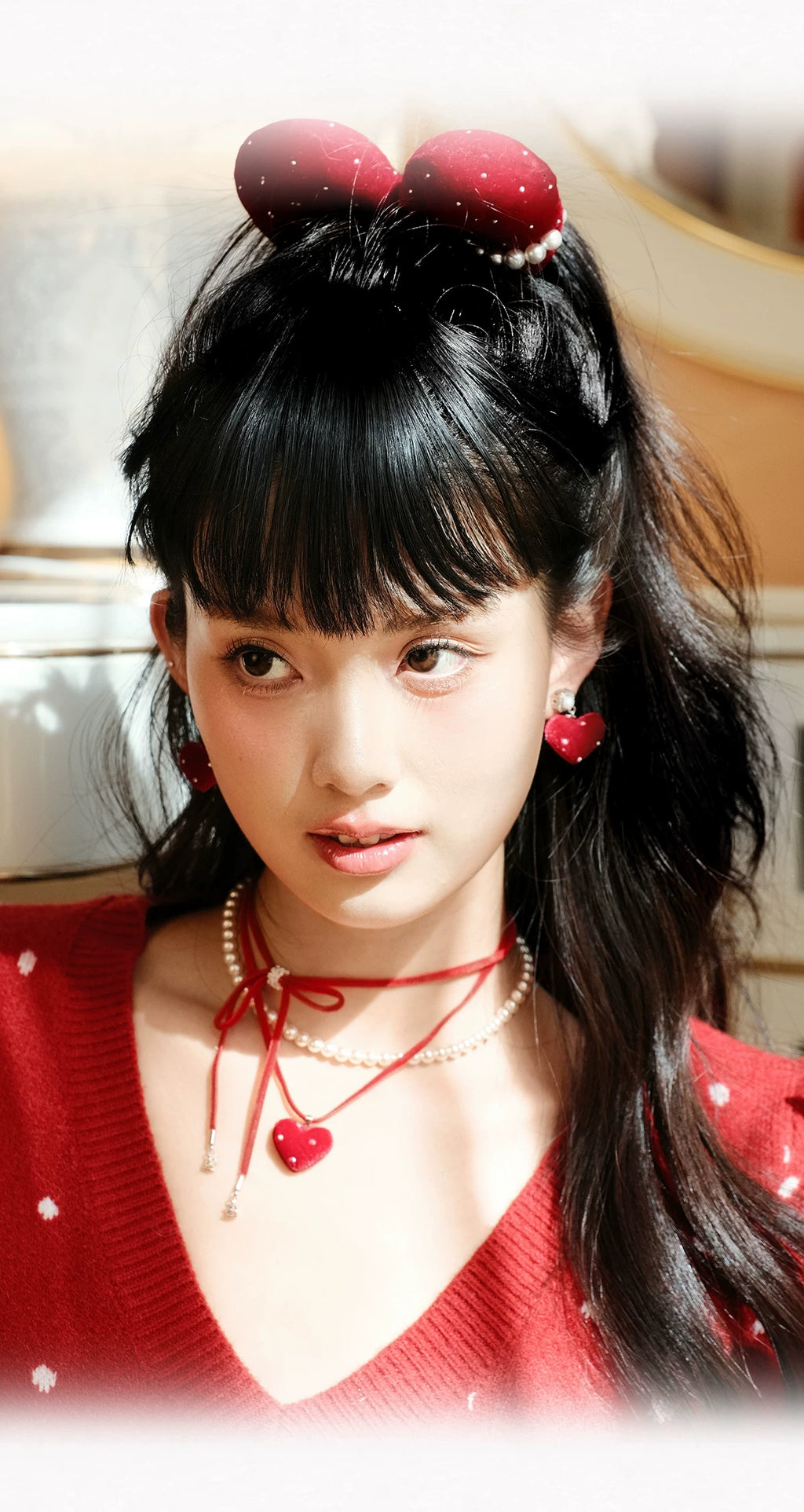 PARANOID PUPPY Red Velvet Love Multi-layer Ribbon Bow Necklace
