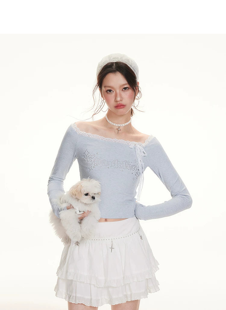 Imone Letter Iron Nail Lace Splicing Short Tee