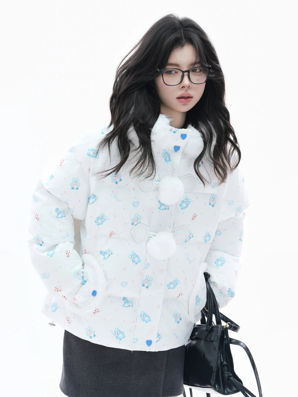 Zuocisankon Cartoon Bear Print Hooded Cotton-padded Coat