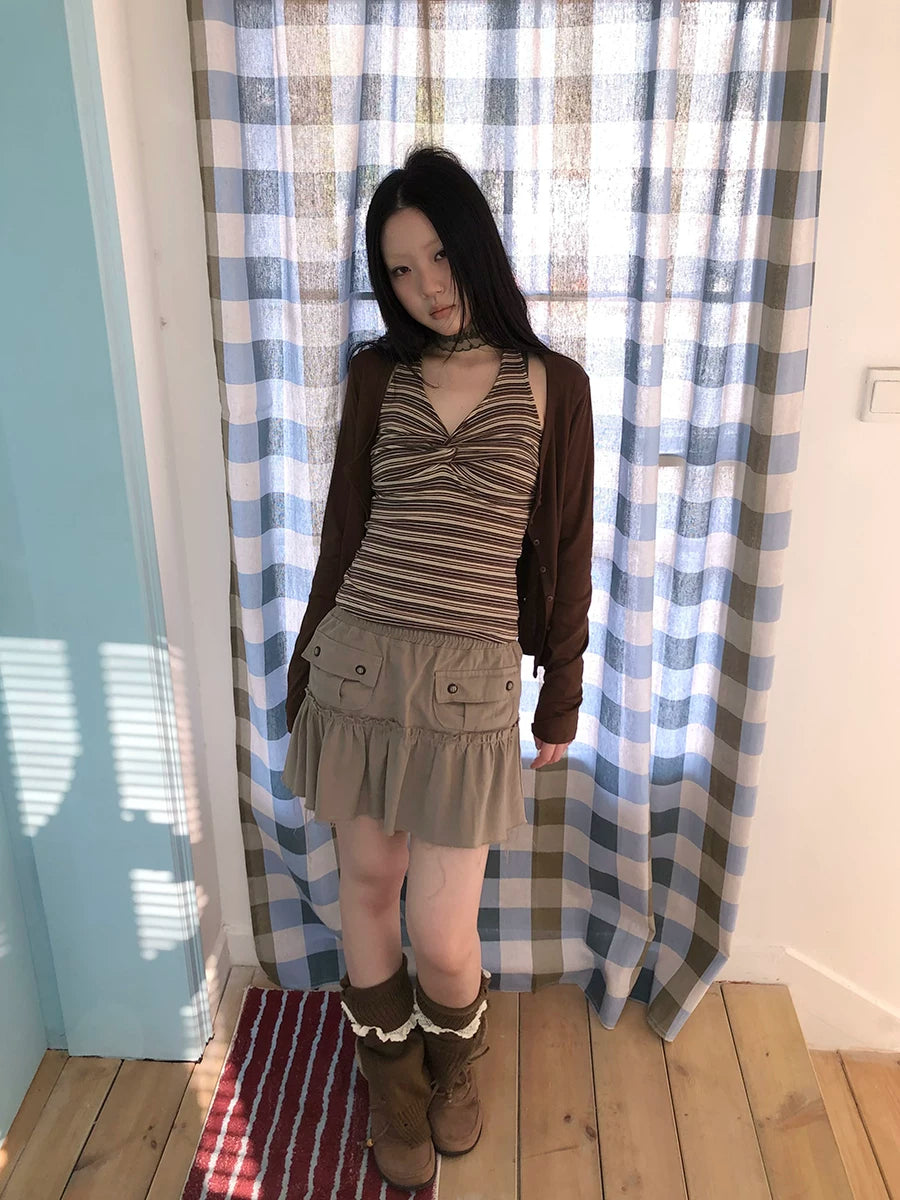 Ang: Project Striped Strap Neck Vest Long Sleeve Two-piece Set