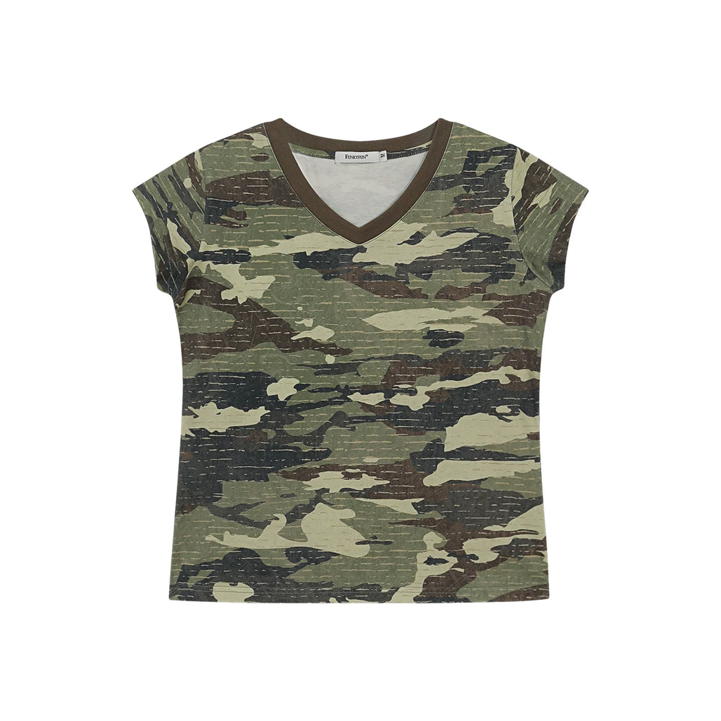 FUNKYFUN Camouflage V-neck Straight Shoulders Slim Short Tee