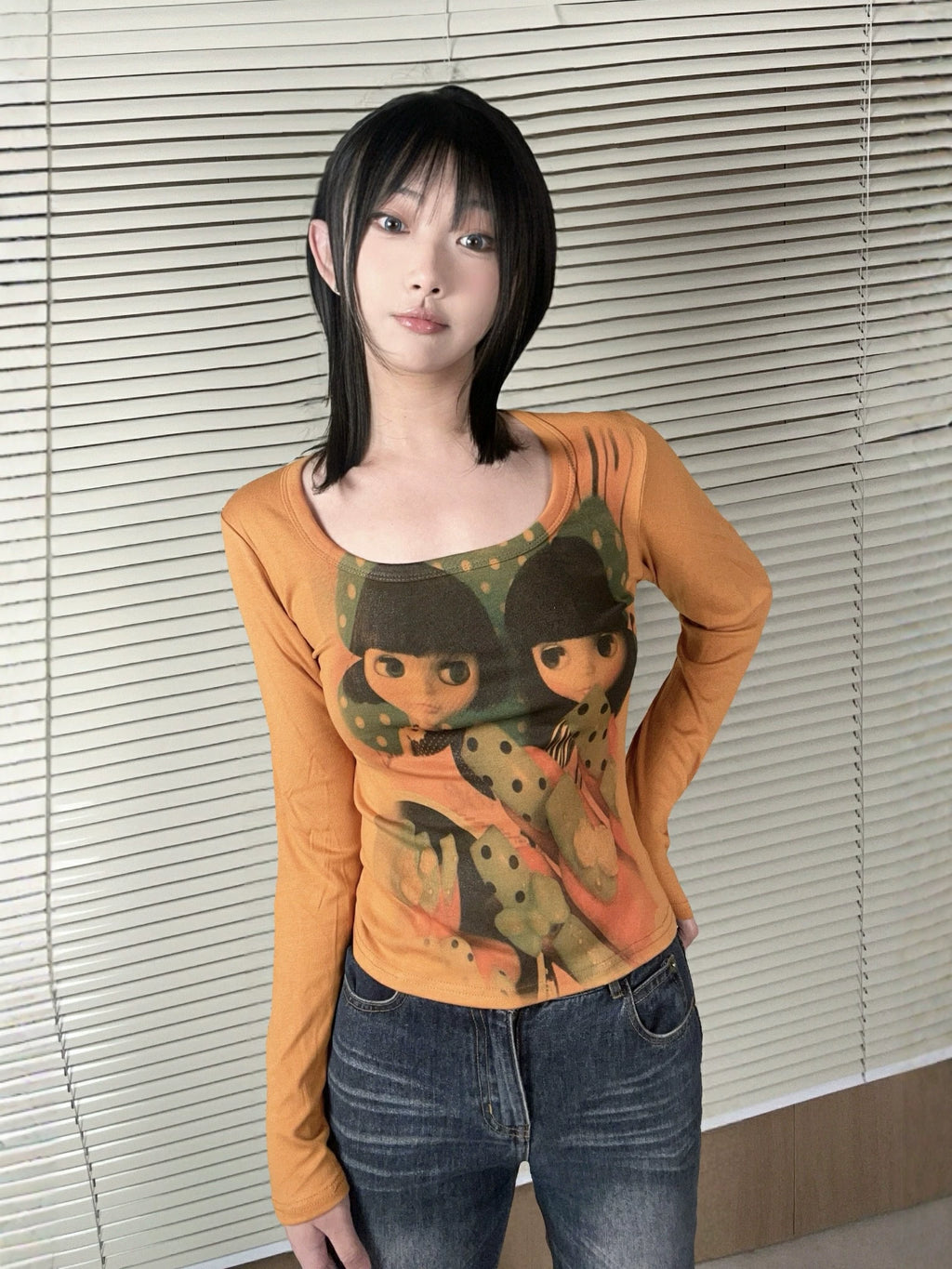 WEBBAR Splicing Wide Neckline Slim Sleeve