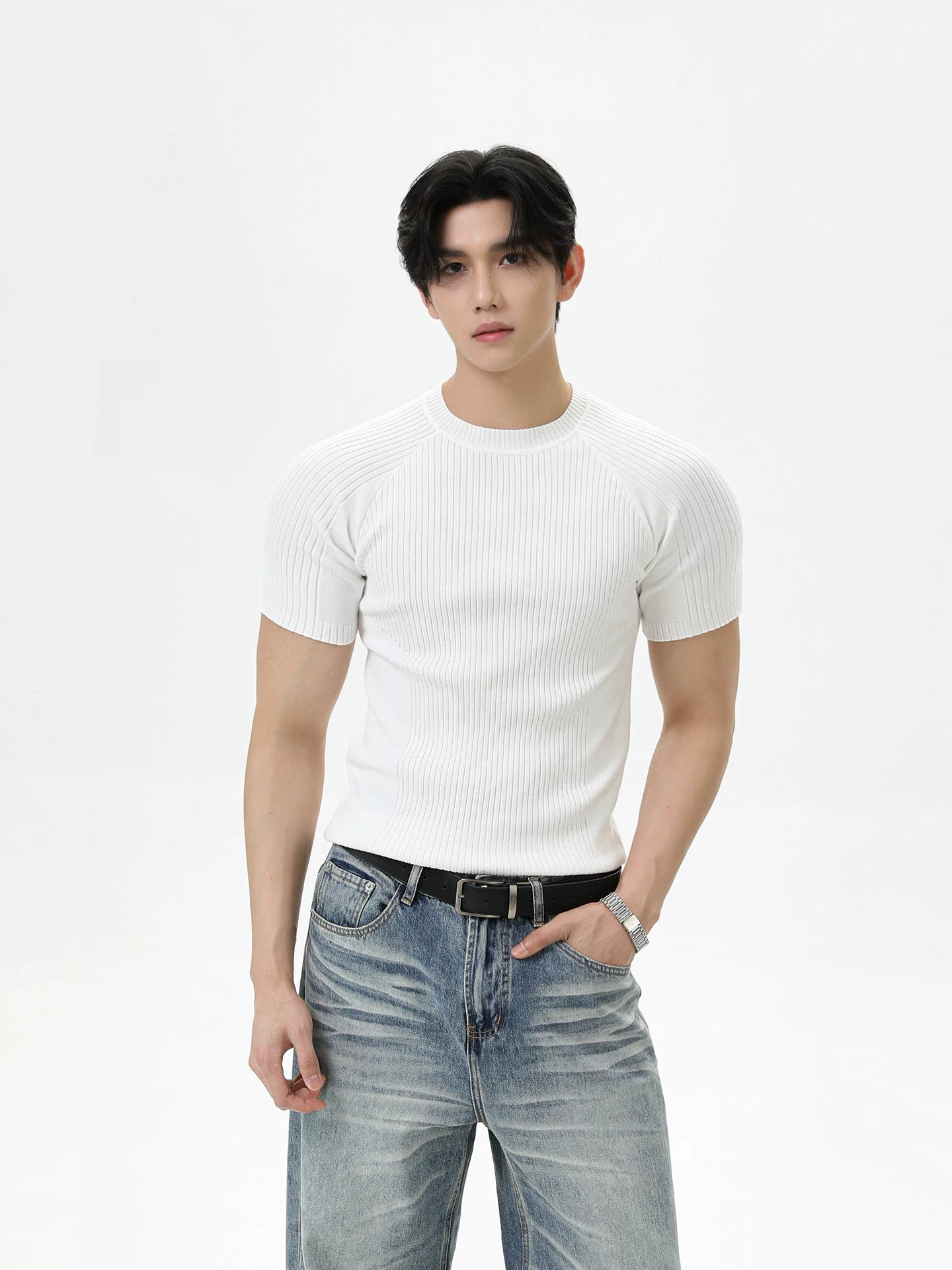 TURNTIDE Knitted Shoulder Slim Crew Neck Tee
