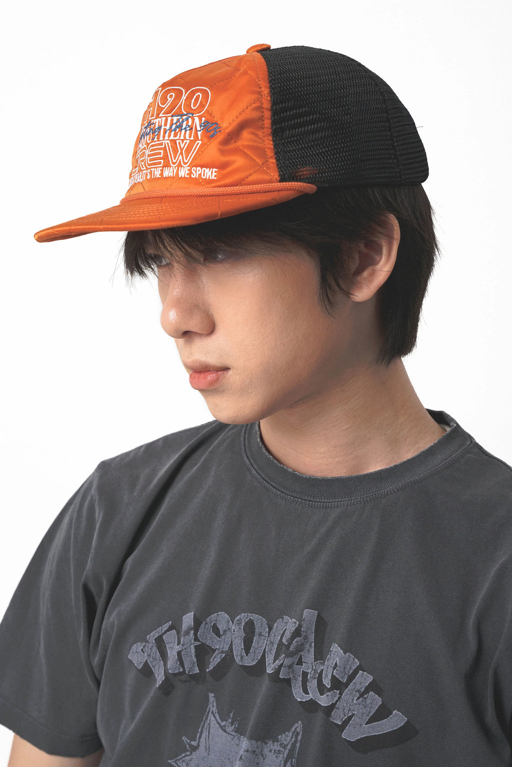 TH90CREW Satin Letter Printed Flat Rim Cap
