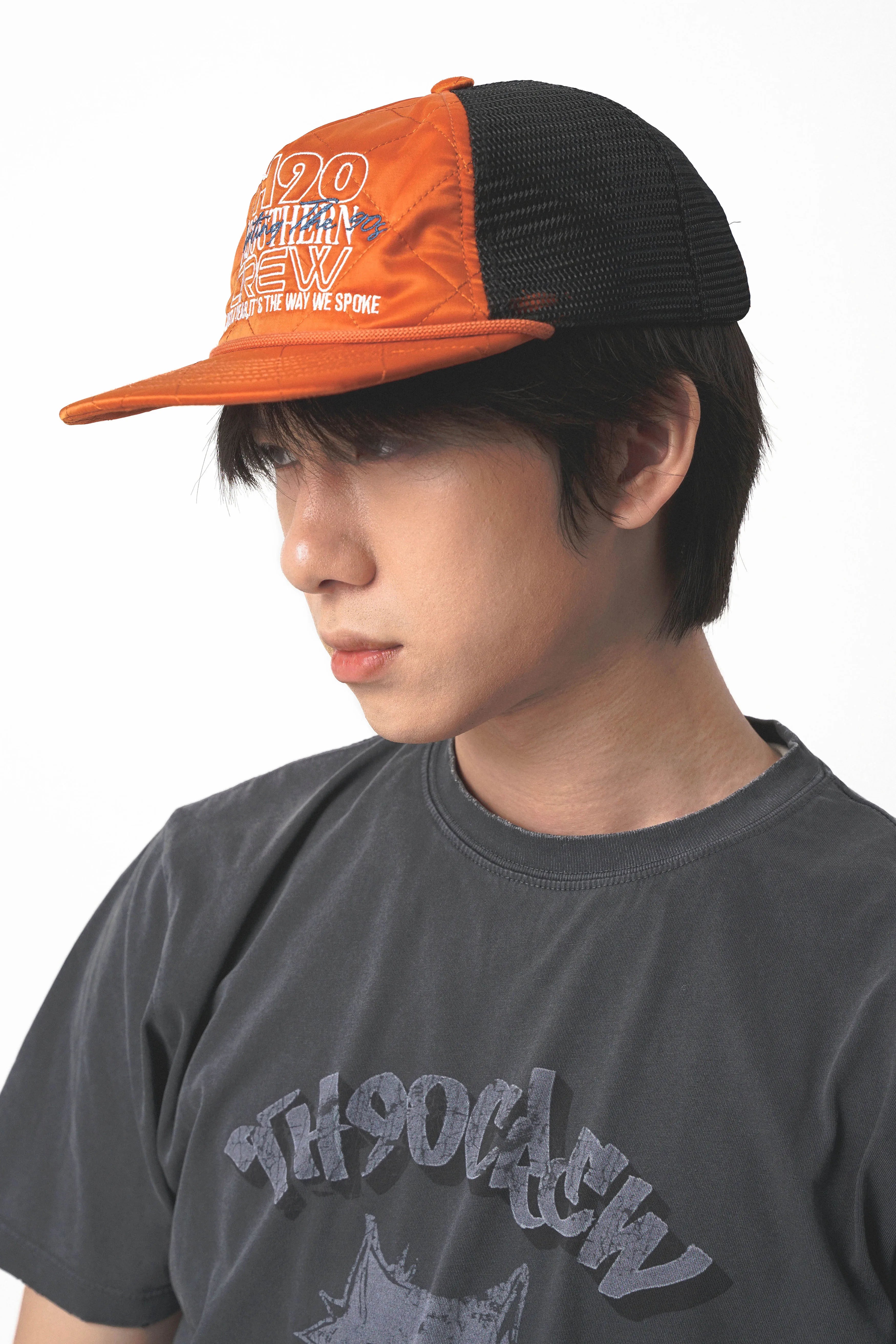 TH90CREW Satin Letter Printed Flat Rim Cap