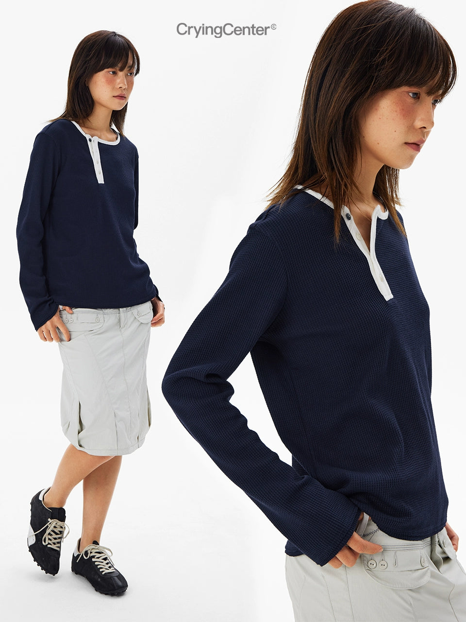 CryingCenter Waffle Diagonal Placket Two-color Button Round Neck Long Sleeve