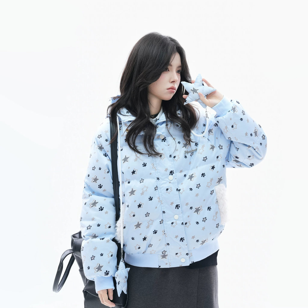 Zuocisankon Star Print Plush Hooded Cotton Coat