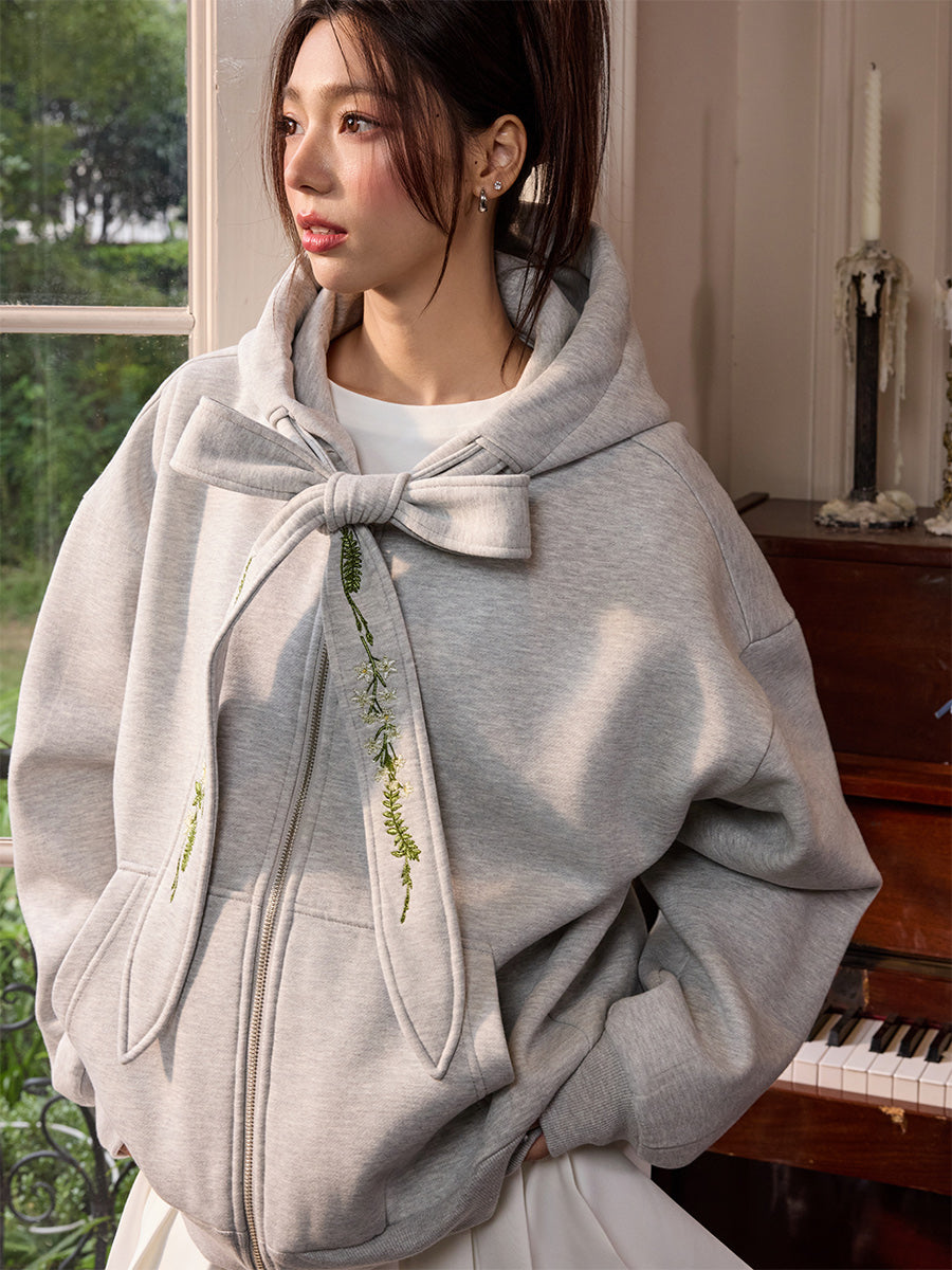 Harshandcruel Detachable Floral Embroidery Bow Tie Hoodie