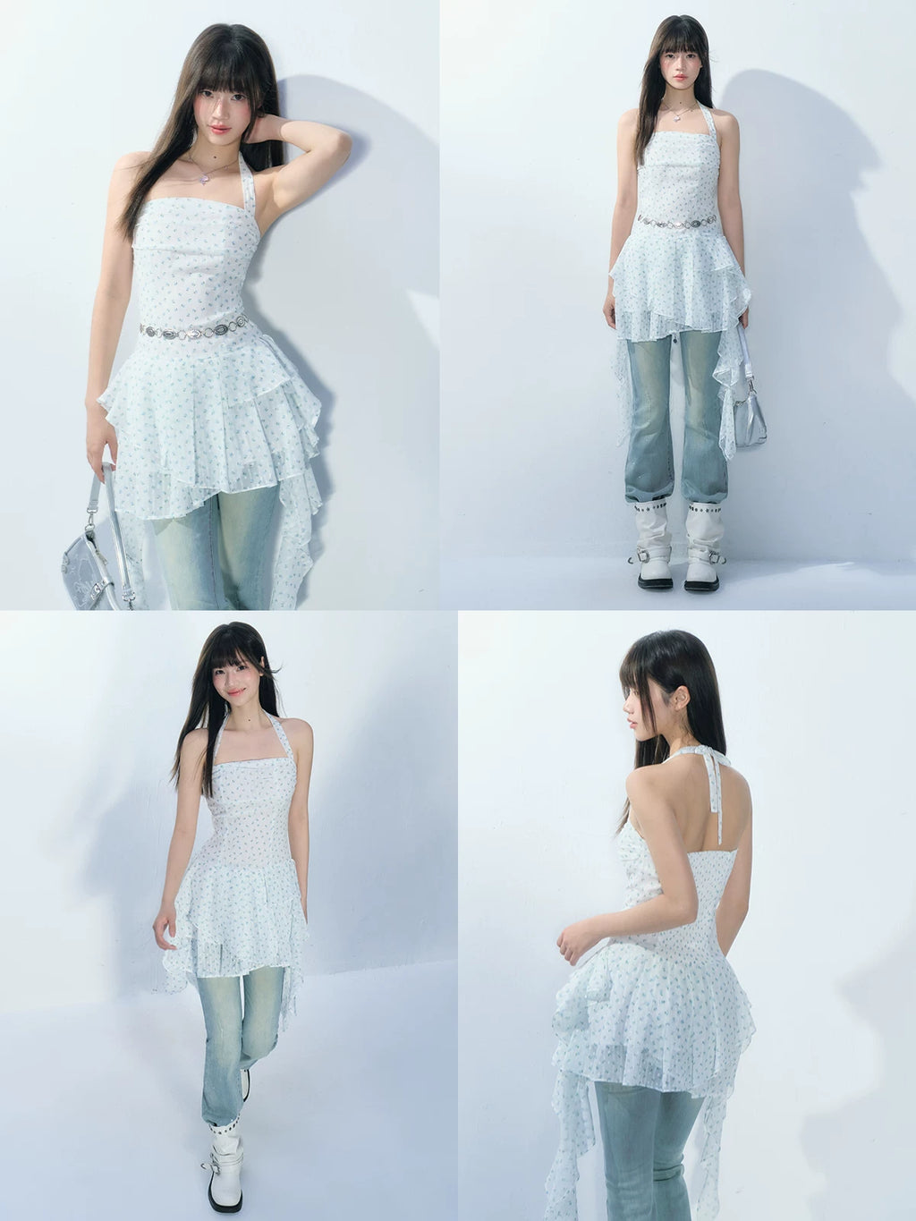 Ablueberry Floral Lotus Leaf Edge Waist Irregular Dress