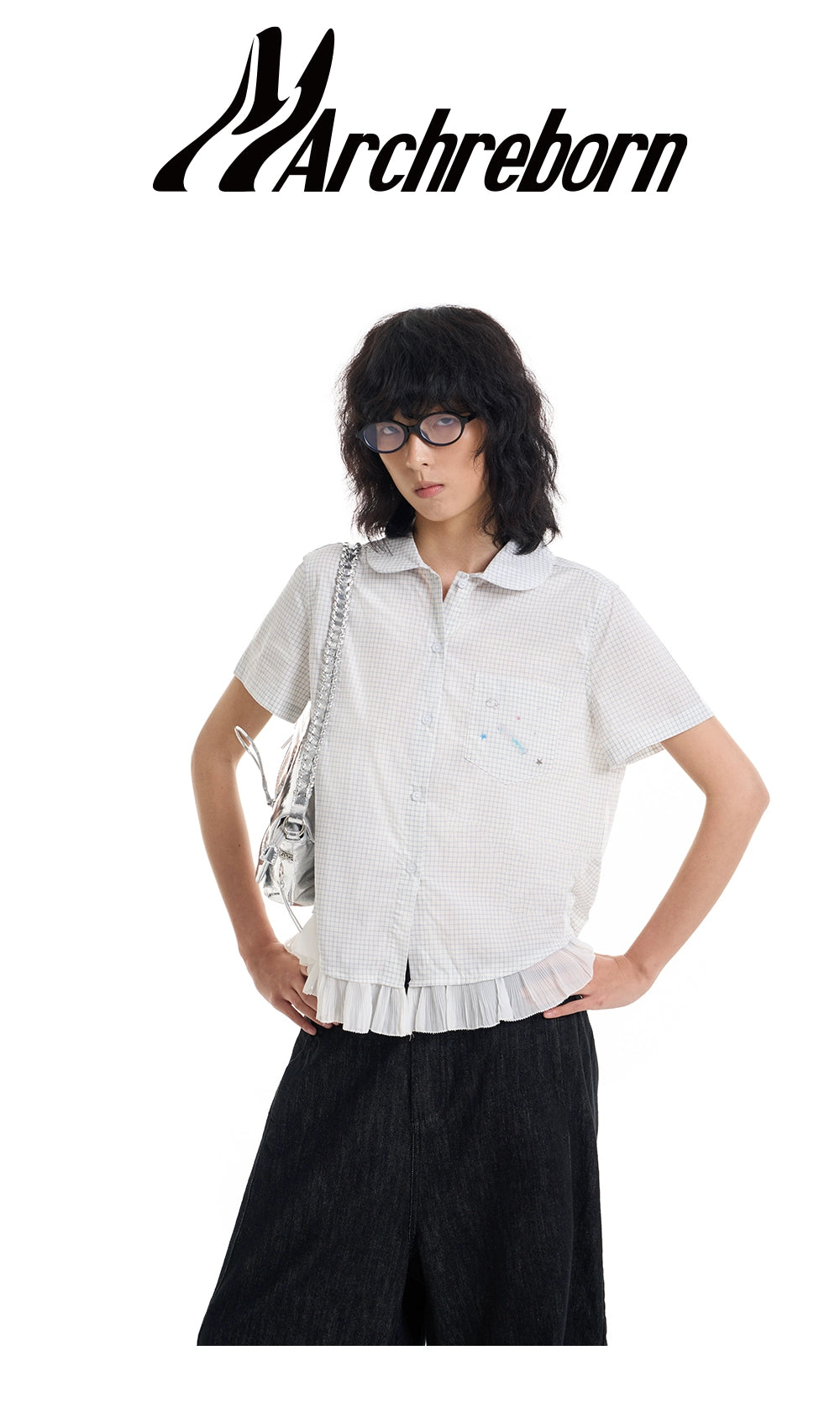 March College Vintage Checked Irregular Lace Short Sleeve Shirt