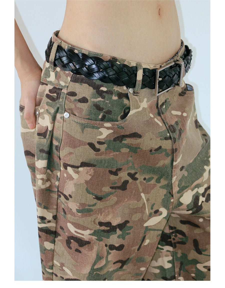 FUNKYFUN Twill Loose Wide-leg Tooling Camouflage Pants