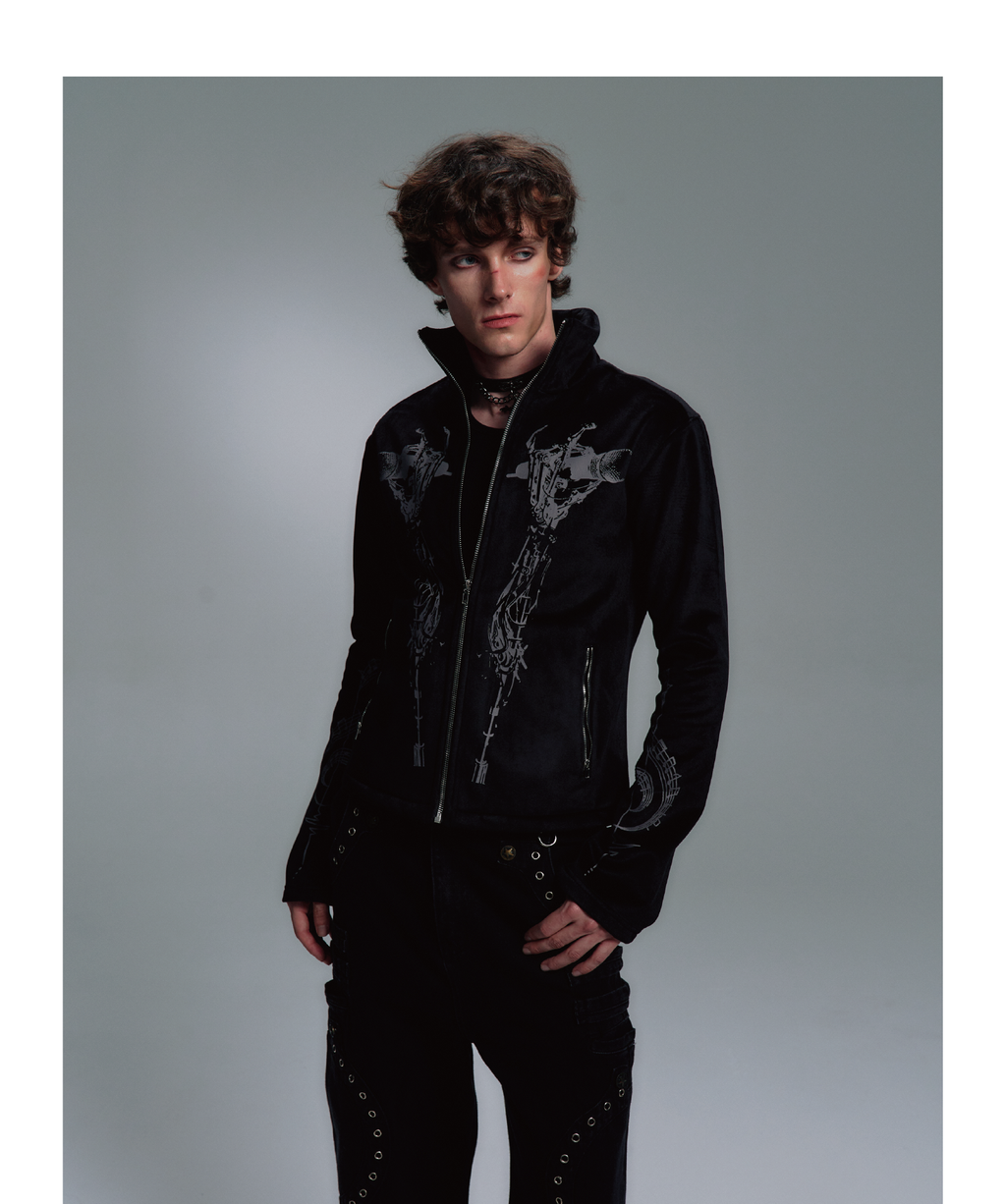 PAIKI Skull Singer Music Notes Stand-up Collar Velvet Jacket