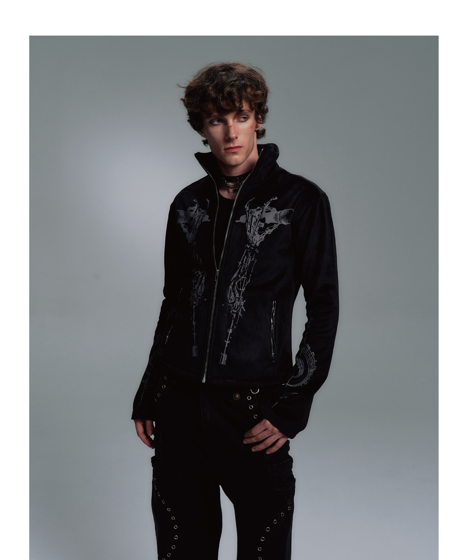 PAIKI Skull Singer Music Notes Stand-up Collar Velvet Jacket