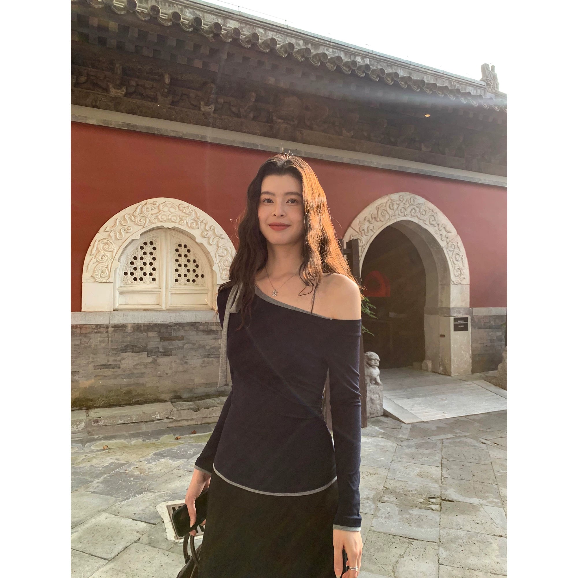 Pusumede Strappy Temperament Slim Slanted Shoulder Knitted Long Sleeves