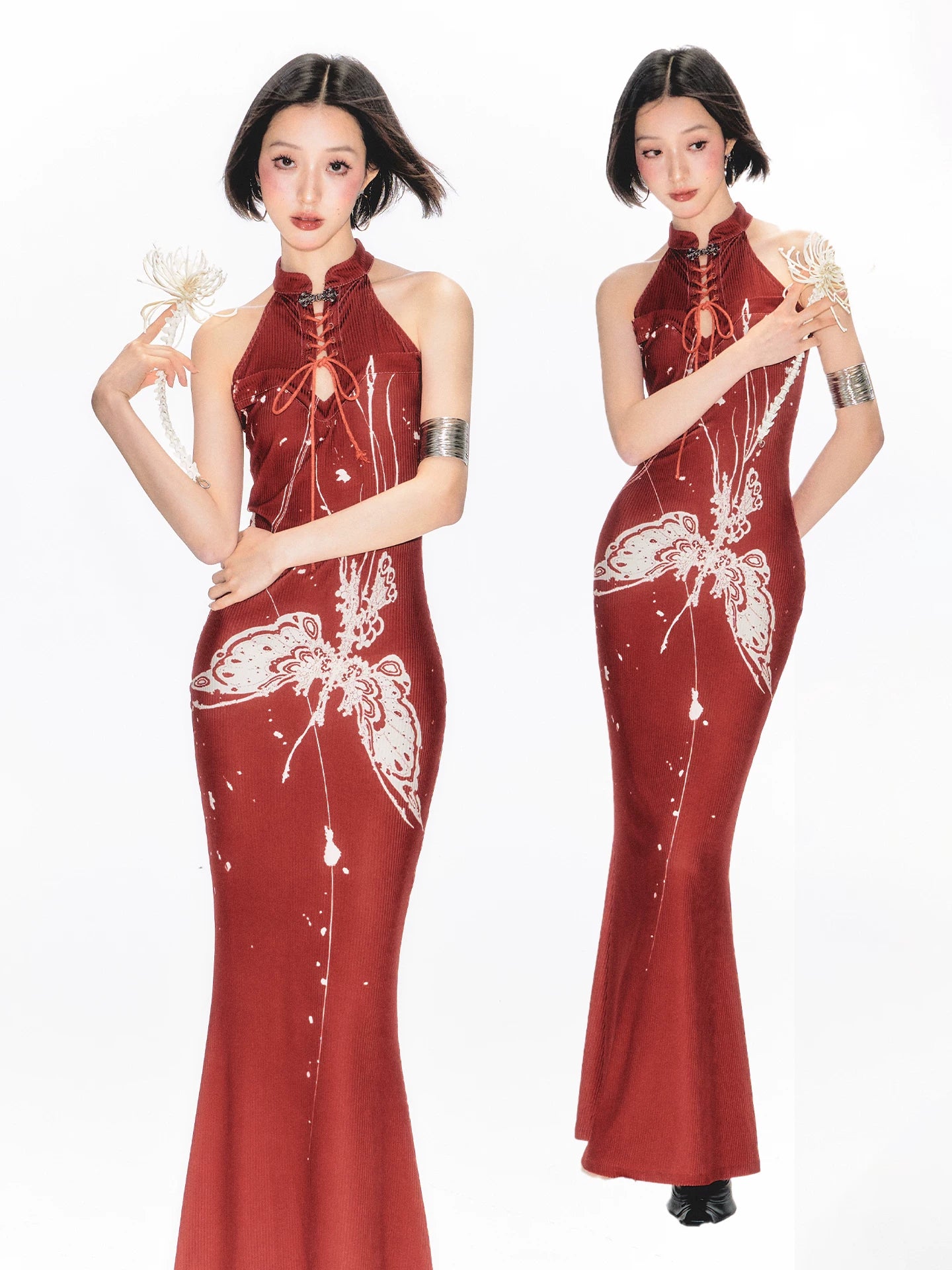 YEDM Butterfly Snake Print Cheongsam Dress
