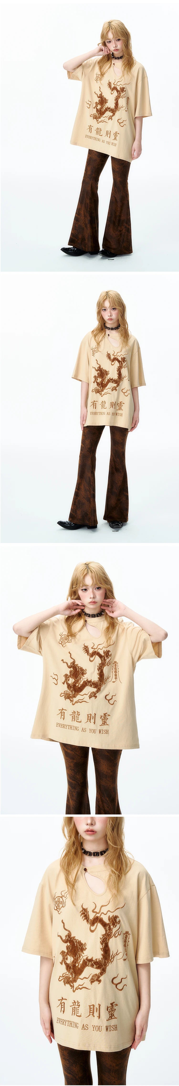 YEDM Embroidery Loose Round Neck Tee