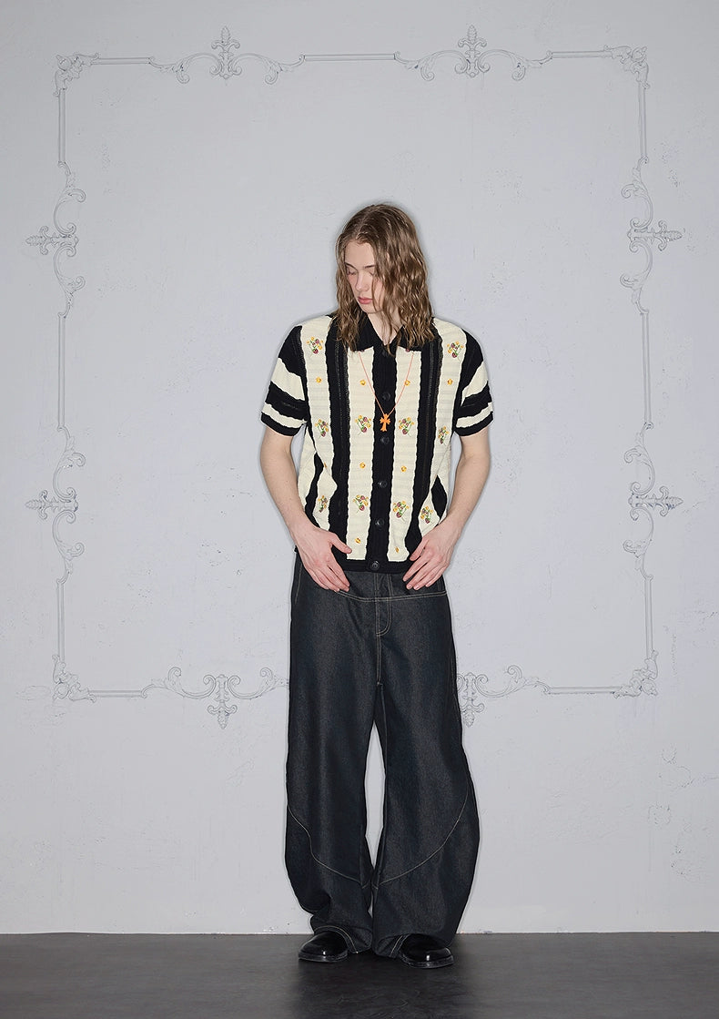 Rocawear Strawberry Flower Embroidered Knitted Short Sleeve Shirt